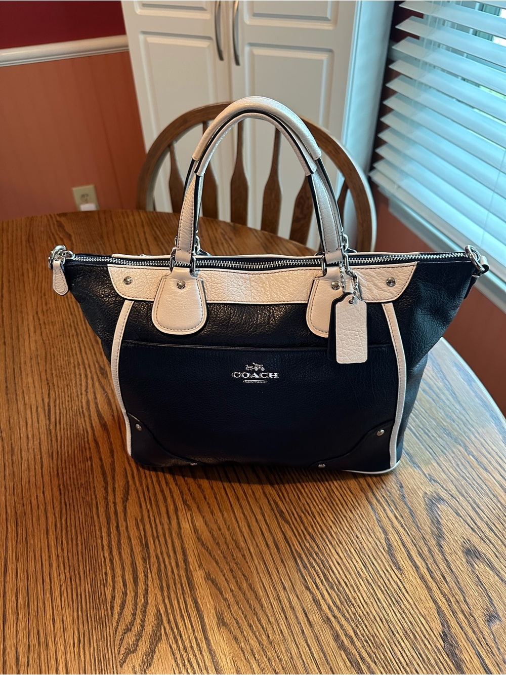 NWT Coach Mickie Midnight Blue and White Pebbled Leather Tote